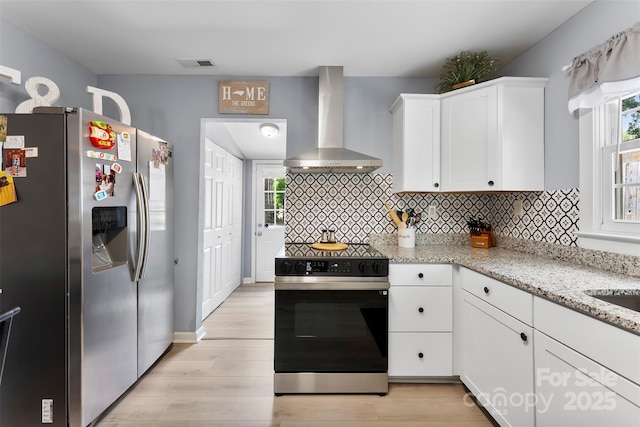 310 S Jacob St, Cherryville, NC 28021 - kitchen with stainless steel fridge with ice dispenser, electric range oven, wall chimney exhaust hood, backsplash, and white cabinets