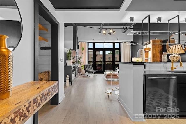 720 Governor Morrison St Unit 219, Charlotte, NC 28211 - interior space with dishwasher, wood finished floors, dark countertops, and french doors