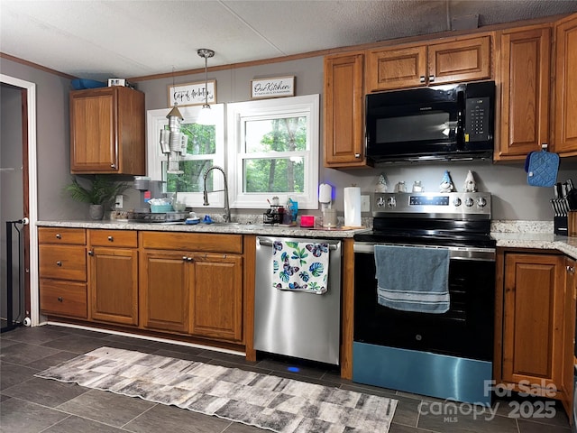 226 Lake Sylvia Rd, Lincolnton, NC 28092 - kitchen with stainless steel appliances, brown cabinetry, and ornamental molding