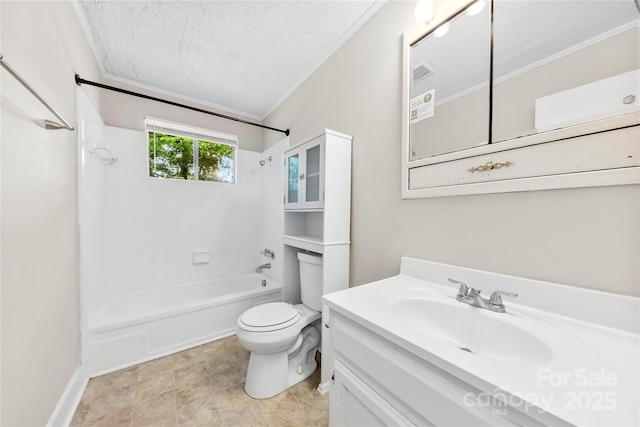 1156 Westover Cir, Rock Hill, SC 29732 - bathroom featuring a textured ceiling, shower / bath combination, toilet, vanity, and ornamental molding