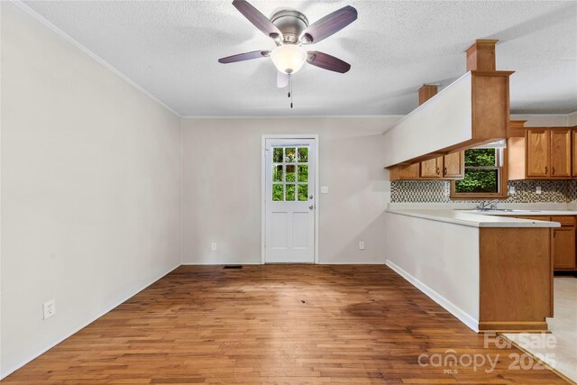 1156 Westover Cir, Rock Hill, SC 29732 - kitchen with light countertops, ceiling fan, decorative backsplash, light wood finished floors, and crown molding