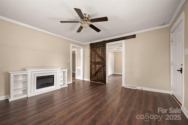 516 Boss Moore Rd, Ellenboro, NC 28040 - unfurnished living room with a barn door, a ceiling fan, baseboards, dark wood-style flooring, and ornamental molding