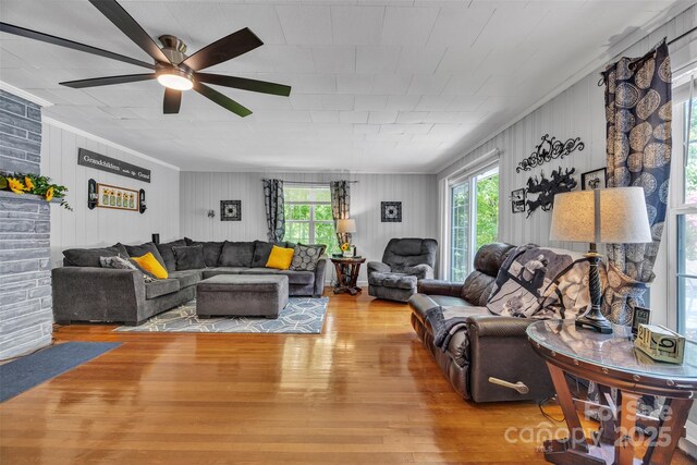162 Candle St, West Jefferson, NC 28694 - living area with plenty of natural light, wood finished floors, crown molding, and a ceiling fan