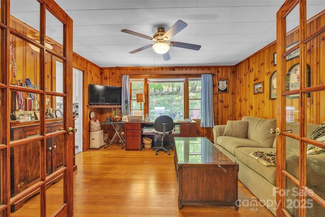 162 Candle St, West Jefferson, NC 28694 - office space with ceiling fan, wood walls, and wood finished floors
