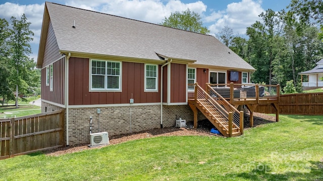 140 Maplewood Ct, Hudson, NC 28638 - back of property featuring stairs, a deck, board and batten siding, a cooling unit, and a shingled roof