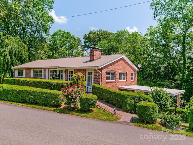 167 Panorama Dr, Franklin, NC 28734 - ranch-style house with brick siding, a chimney, and metal roof