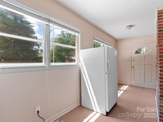 167 Panorama Dr, Franklin, NC 28734 - kitchen with freestanding refrigerator, light colored carpet, and baseboards
