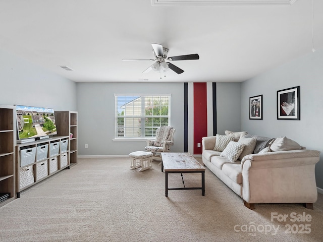 417 Livingston Dr, Lancaster, SC 29720 - living room featuring ceiling fan, carpet floors, and attic access