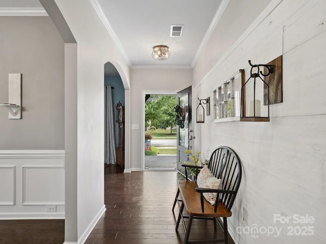 417 Livingston Dr, Lancaster, SC 29720 - hallway featuring hardwood / wood-style floors, ornamental molding, and arched walkways