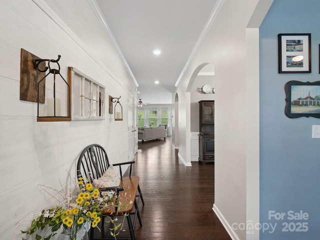 417 Livingston Dr, Lancaster, SC 29720 - hall featuring ornamental molding, wood-type flooring, and arched walkways
