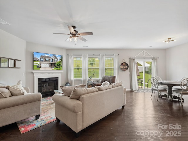 417 Livingston Dr, Lancaster, SC 29720 - living area featuring dark wood-style flooring, a ceiling fan, and a glass covered fireplace