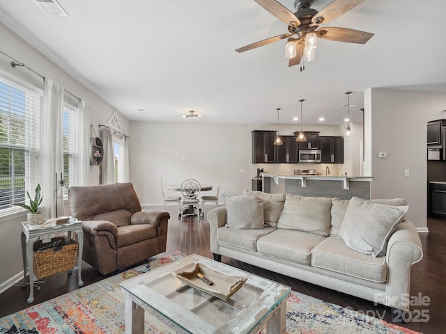 417 Livingston Dr, Lancaster, SC 29720 - living room featuring dark wood-type flooring, a ceiling fan, and recessed lighting