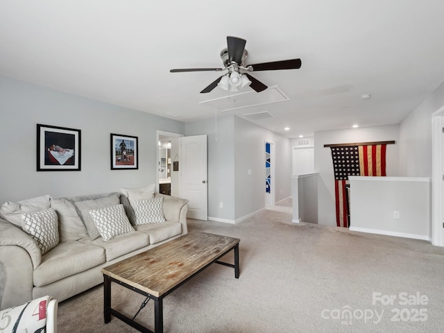417 Livingston Dr, Lancaster, SC 29720 - living area featuring attic access, a ceiling fan, carpet flooring, and recessed lighting