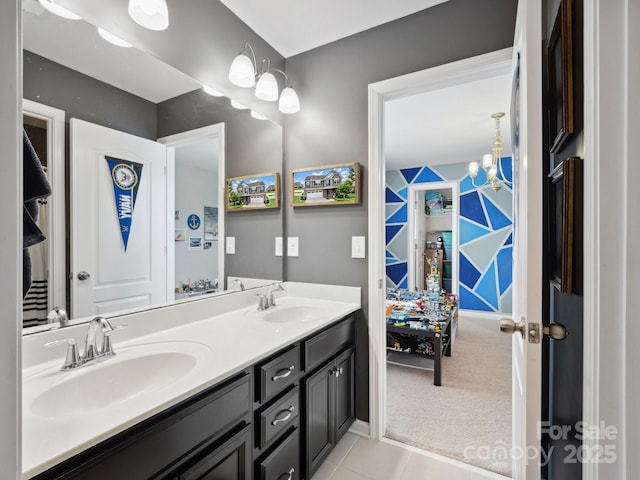 417 Livingston Dr, Lancaster, SC 29720 - full bathroom featuring double vanity, tile patterned flooring, and a chandelier