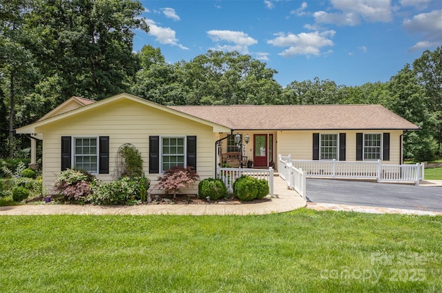 3060 Texs Fish Camp Rd, Connelly Springs, NC 28612 - ranch-style home featuring a porch, a front yard, and roof with shingles