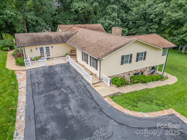 3060 Texs Fish Camp Rd, Connelly Springs, NC 28612 - view of front facade featuring a chimney, french doors, a front yard, driveway, and roof with shingles