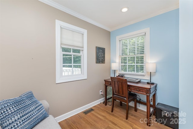 3060 Texs Fish Camp Rd, Connelly Springs, NC 28612 - office area featuring crown molding, light wood-style flooring, and recessed lighting