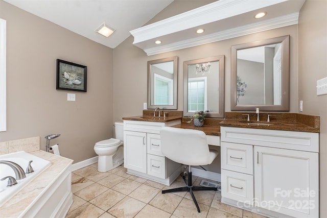 3060 Texs Fish Camp Rd, Connelly Springs, NC 28612 - bathroom with double vanity, vaulted ceiling, a garden tub, a chandelier, and crown molding