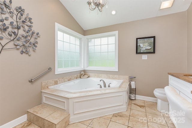 3060 Texs Fish Camp Rd, Connelly Springs, NC 28612 - bathroom featuring a garden tub, vaulted ceiling, vanity, tile patterned floors, and a chandelier