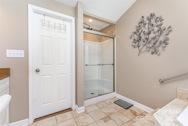 3060 Texs Fish Camp Rd, Connelly Springs, NC 28612 - bathroom featuring vanity, a stall shower, and tile patterned floors