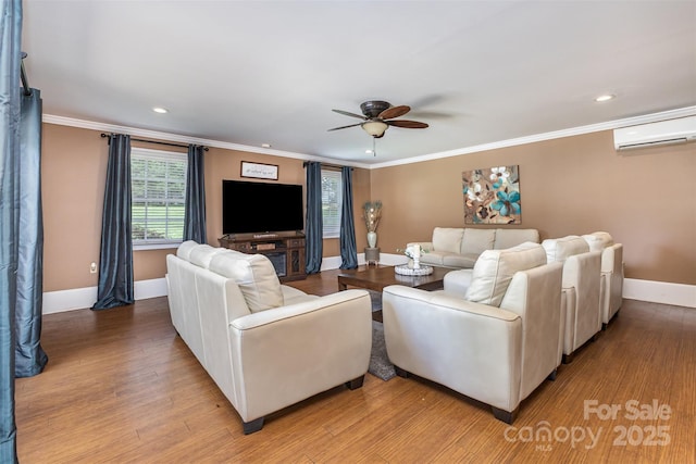 3060 Texs Fish Camp Rd, Connelly Springs, NC 28612 - living area with an AC wall unit, ceiling fan, ornamental molding, light wood-style floors, and recessed lighting