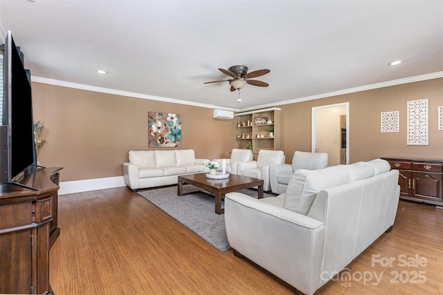 3060 Texs Fish Camp Rd, Connelly Springs, NC 28612 - living area with ceiling fan, light wood-type flooring, a wall unit AC, ornamental molding, and recessed lighting