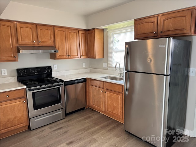 1228 Archdale Dr Unit G, Charlotte, NC 28217 - kitchen with stainless steel appliances, under cabinet range hood, a sink, and brown cabinetry