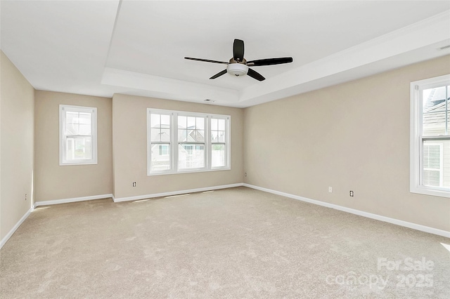 10004 Perth Moor Rd, Charlotte, NC 28278 - spare room featuring a tray ceiling, light colored carpet, ceiling fan, and baseboards
