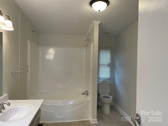 1201 Forest Ridge Rd, Bessemer City, NC 28016 - full bath featuring toilet, a textured ceiling, shower / washtub combination, vanity, and baseboards