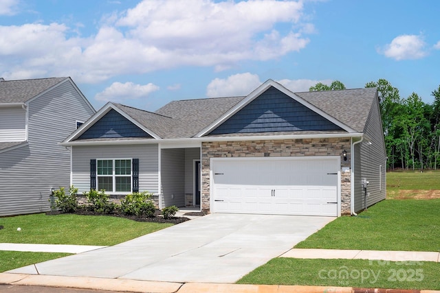 7217 Jerimoth Dr, Charlotte, NC 28215 - craftsman-style house with an attached garage, a front lawn, stone siding, and driveway