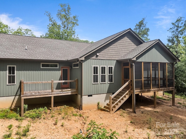 140 Cove Crest Dr, Rutherfordton, NC 28139 - back of house with roof with shingles, a sunroom, a wooden deck, and stairway