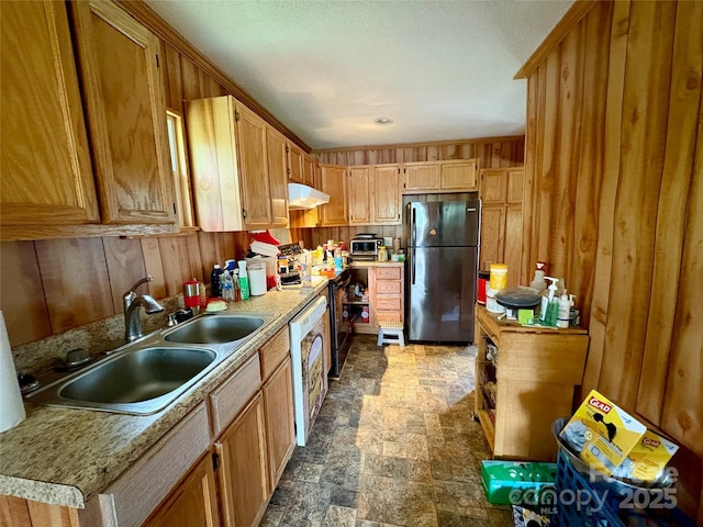 78 Moffitt Hill Church Rd, Old Fort, NC 28762 - kitchen with freestanding refrigerator, a sink, under cabinet range hood, dishwashing machine, and light countertops