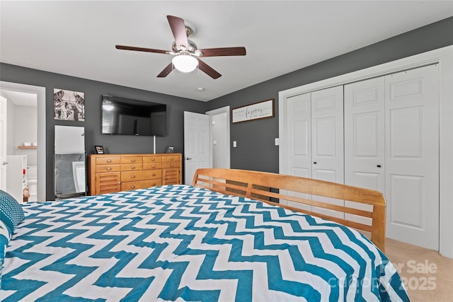6313 Weddington Rd, Concord, NC 28027 - carpeted bedroom featuring a closet, a ceiling fan, and ensuite bath