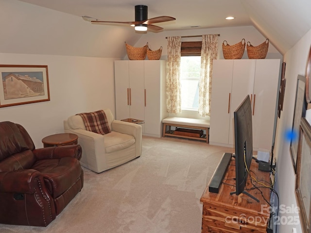 15250 Windward Ln, Lancaster, SC 29720 - living area featuring vaulted ceiling, light colored carpet, ceiling fan, and recessed lighting