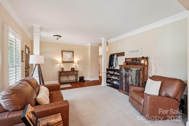 207 Spaniel Dr SE, Concord, NC 28025 - living room with ornate columns, ornamental molding, and wood finished floors