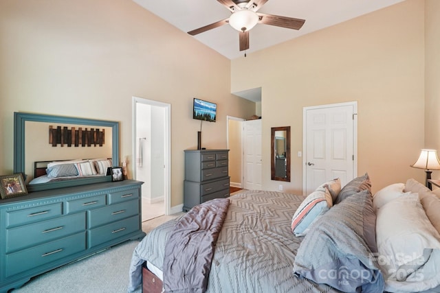 207 Spaniel Dr SE, Concord, NC 28025 - bedroom featuring high vaulted ceiling, light carpet, ensuite bath, and ceiling fan