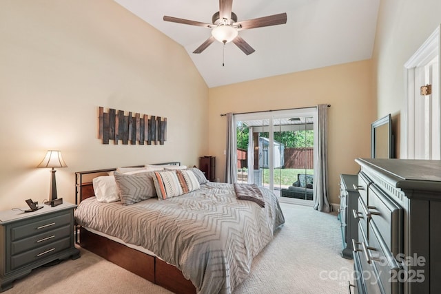 207 Spaniel Dr SE, Concord, NC 28025 - bedroom with light carpet, access to exterior, ceiling fan, and high vaulted ceiling