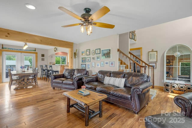 333 Lambs Grill Rd, Rutherfordton, NC 28139 - living area with hardwood / wood-style flooring, ceiling fan, stairs, arched walkways, and recessed lighting