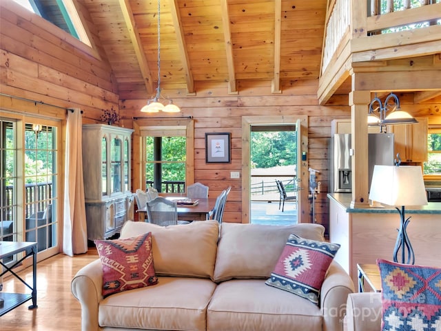 32 Tibi Ln, Waynesville, NC 28785 - living room with light wood-style floors, wood walls, wooden ceiling with exposed beams, and high vaulted ceiling
