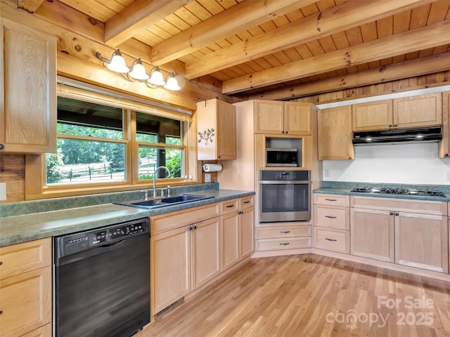 32 Tibi Ln, Waynesville, NC 28785 - kitchen featuring stainless steel appliances, under cabinet range hood, light brown cabinetry, and wooden ceiling with exposed beams