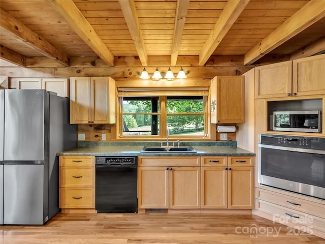 32 Tibi Ln, Waynesville, NC 28785 - kitchen with stainless steel appliances, a sink, light brown cabinetry, light wood-style floors, and wooden ceiling with exposed beams