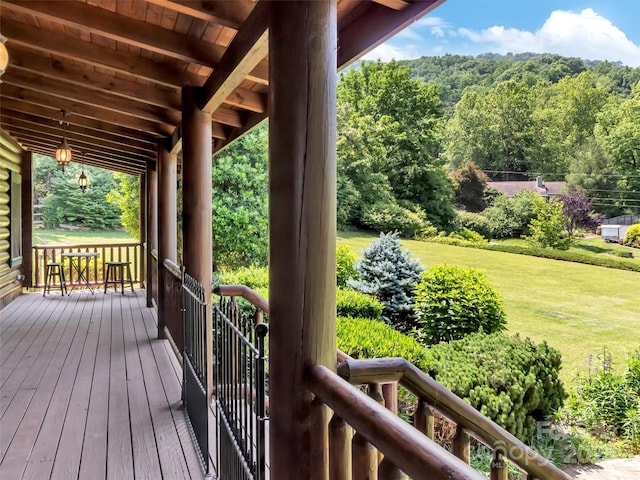 32 Tibi Ln, Waynesville, NC 28785 - wooden terrace featuring a lawn and a wooded view
