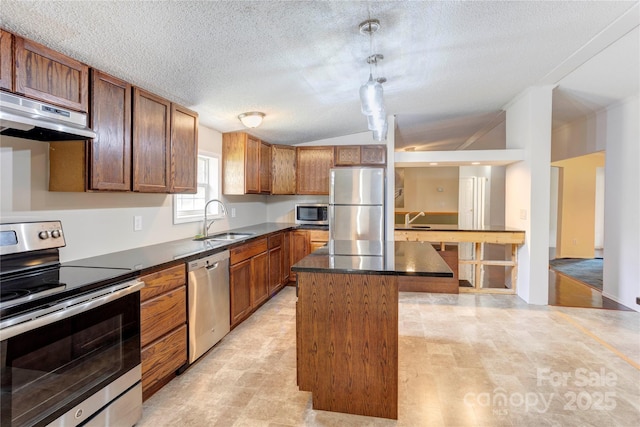4630 Irish Potato Rd, Kannapolis, NC 28083 - kitchen featuring stainless steel appliances, a sink, under cabinet range hood, vaulted ceiling, and a kitchen island