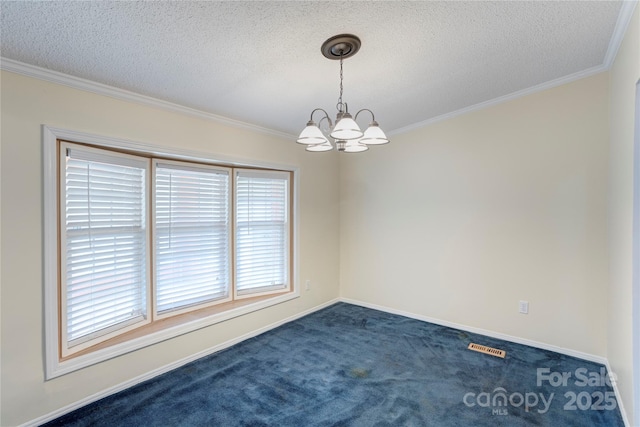 4630 Irish Potato Rd, Kannapolis, NC 28083 - unfurnished room featuring a chandelier, ornamental molding, a textured ceiling, dark colored carpet, and baseboards