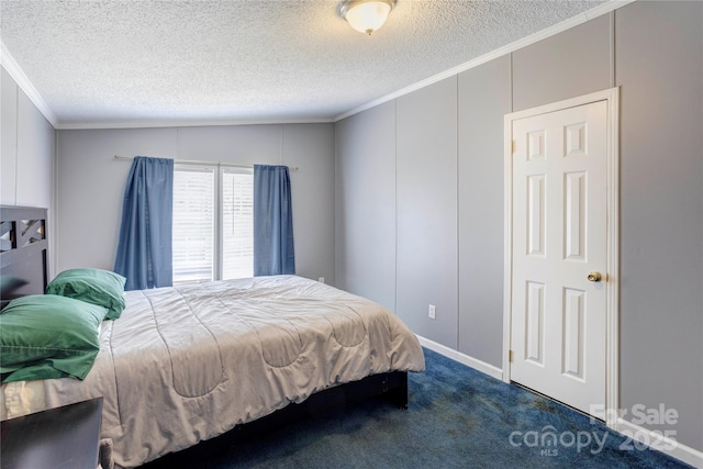 4630 Irish Potato Rd, Kannapolis, NC 28083 - bedroom featuring ornamental molding, a textured ceiling, dark carpet, a decorative wall, and vaulted ceiling