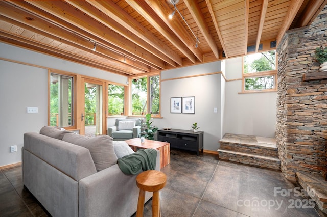 588 Long Branch Rd, Swannanoa, NC 28778 - living room featuring plenty of natural light, baseboards, and wood ceiling with exposed beams