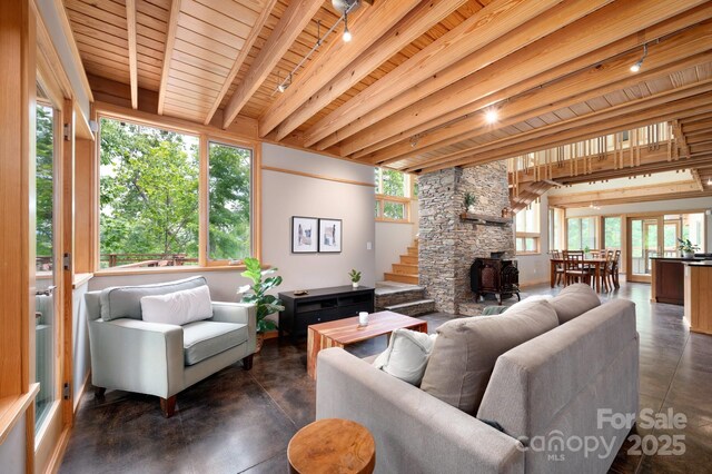 588 Long Branch Rd, Swannanoa, NC 28778 - living area with track lighting, concrete floors, healthy amount of natural light, wooden ceiling with exposed beams, and a wood stove