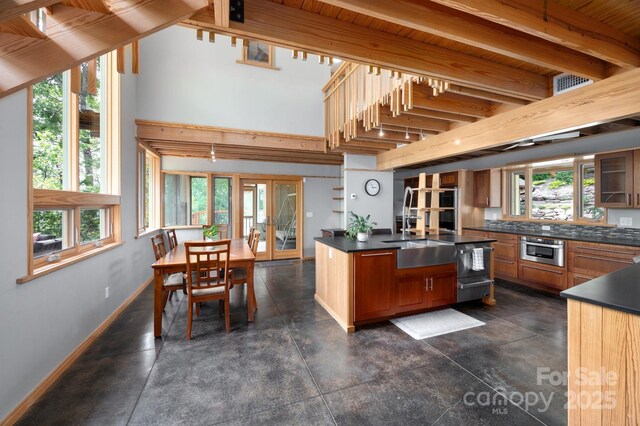 588 Long Branch Rd, Swannanoa, NC 28778 - kitchen with dark countertops, baseboards, a sink, a kitchen island with sink, and a warming drawer