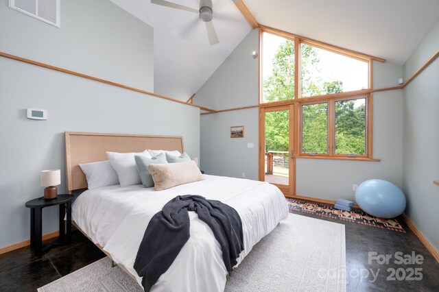 588 Long Branch Rd, Swannanoa, NC 28778 - bedroom featuring baseboards, ceiling fan, and high vaulted ceiling