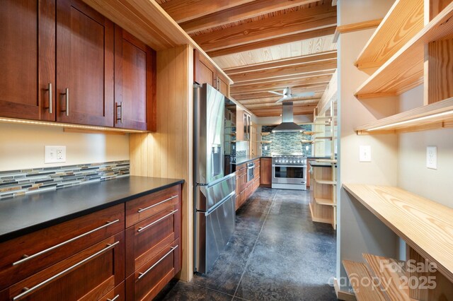 588 Long Branch Rd, Swannanoa, NC 28778 - kitchen featuring appliances with stainless steel finishes, open shelves, wall chimney range hood, decorative backsplash, and finished concrete floors